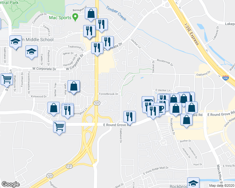 map of restaurants, bars, coffee shops, grocery stores, and more near 165 Forestbrook Drive in Lewisville