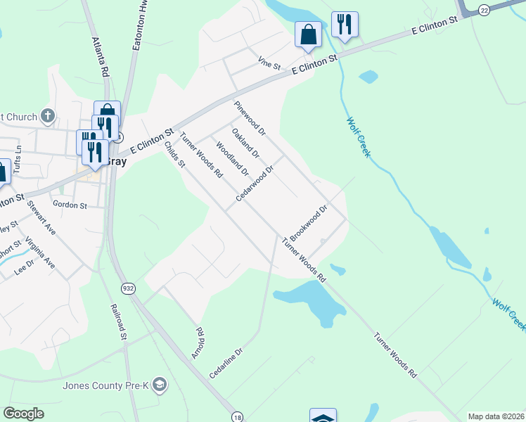 map of restaurants, bars, coffee shops, grocery stores, and more near 179 Turner Woods Road in Gray