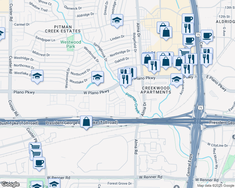 map of restaurants, bars, coffee shops, grocery stores, and more near 1550 West Plano Parkway in Plano