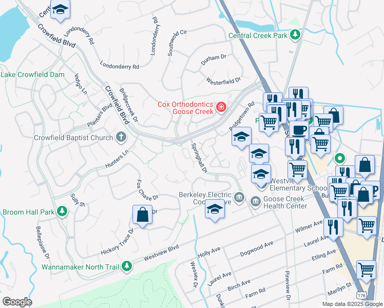 map of restaurants, bars, coffee shops, grocery stores, and more near 29 Rudwick Circle in Goose Creek