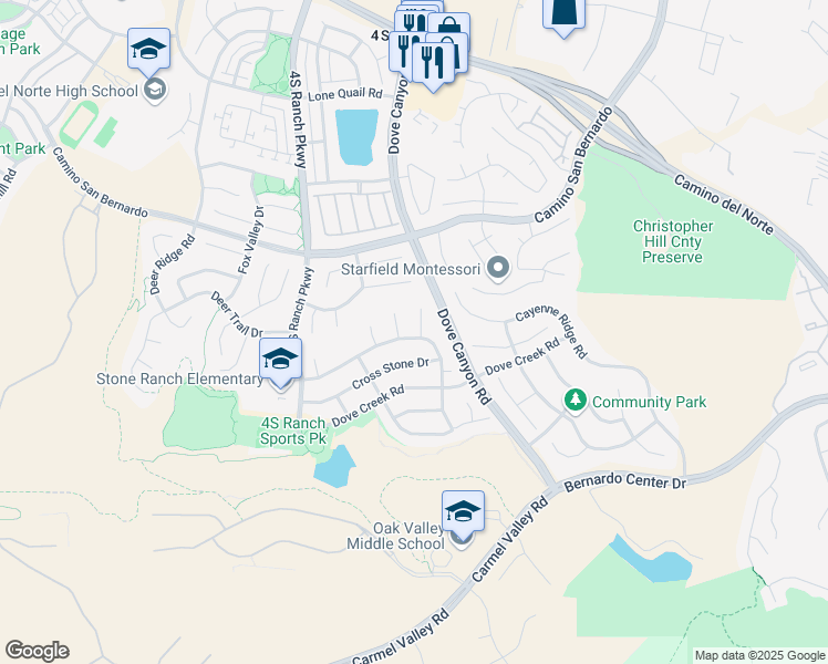 map of restaurants, bars, coffee shops, grocery stores, and more near 16202 Dapple Gray Place in San Diego