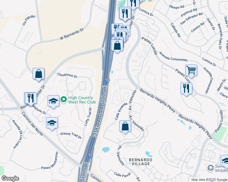 map of restaurants, bars, coffee shops, grocery stores, and more near 16088 Caminito Tomas in San Diego