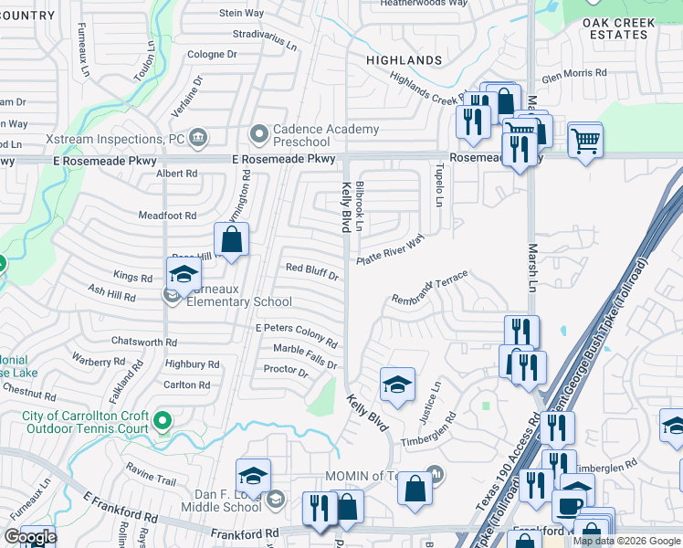 map of restaurants, bars, coffee shops, grocery stores, and more near 18702 Platte River Way in Dallas