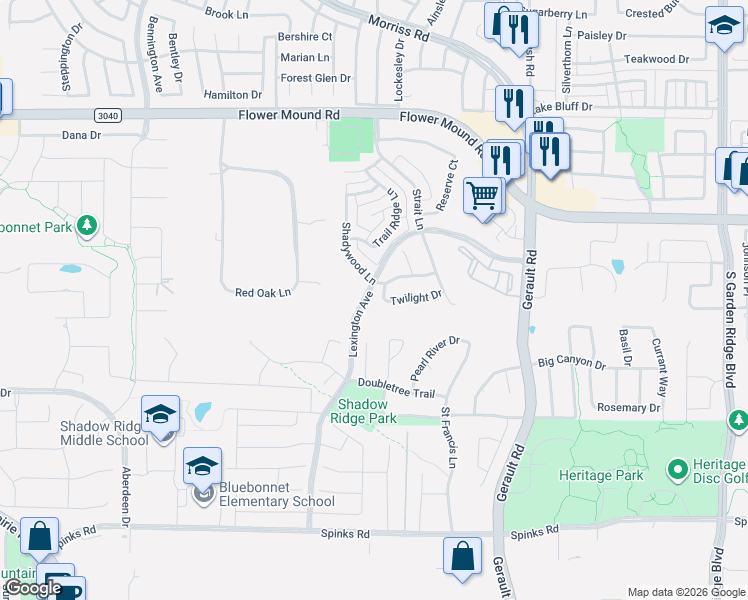 map of restaurants, bars, coffee shops, grocery stores, and more near 1609 Twilight Drive in Flower Mound