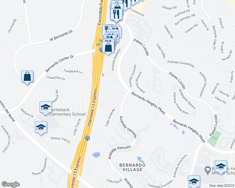 map of restaurants, bars, coffee shops, grocery stores, and more near 16130 Avenida Venusto in San Diego