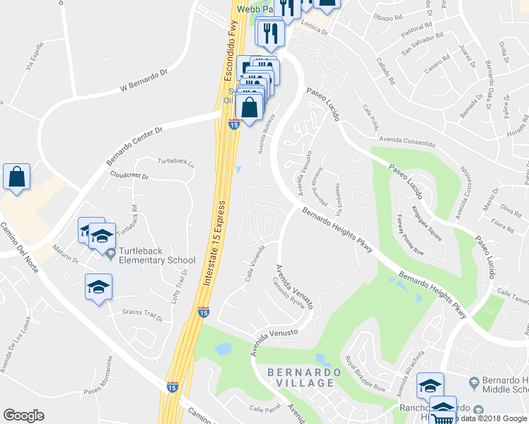 map of restaurants, bars, coffee shops, grocery stores, and more near 16130 Avenida Venusto in San Diego