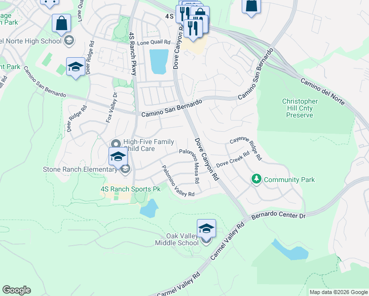 map of restaurants, bars, coffee shops, grocery stores, and more near 16237 Dapple Gray Place in San Diego