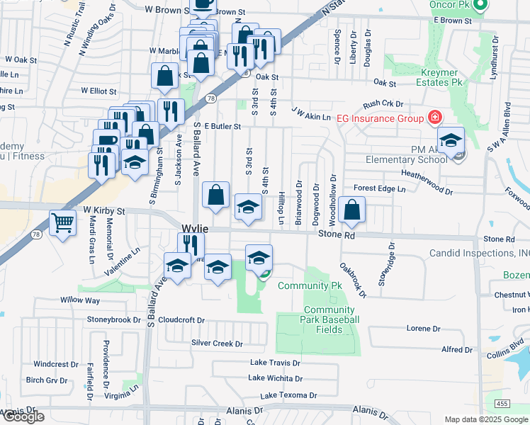 map of restaurants, bars, coffee shops, grocery stores, and more near 2 Trails Place in Wylie