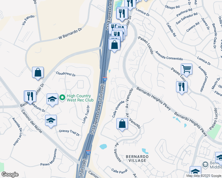 map of restaurants, bars, coffee shops, grocery stores, and more near 16088 Caminito Tomas in San Diego