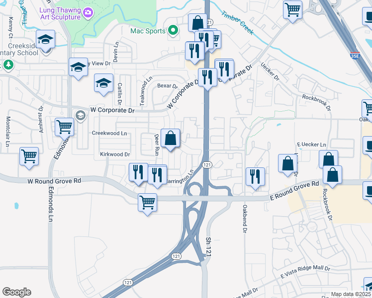 map of restaurants, bars, coffee shops, grocery stores, and more near 196 Kielder Drive in Lewisville