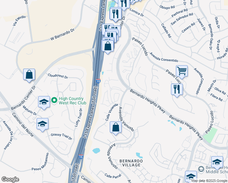 map of restaurants, bars, coffee shops, grocery stores, and more near 16130 Avenida Venusto in San Diego