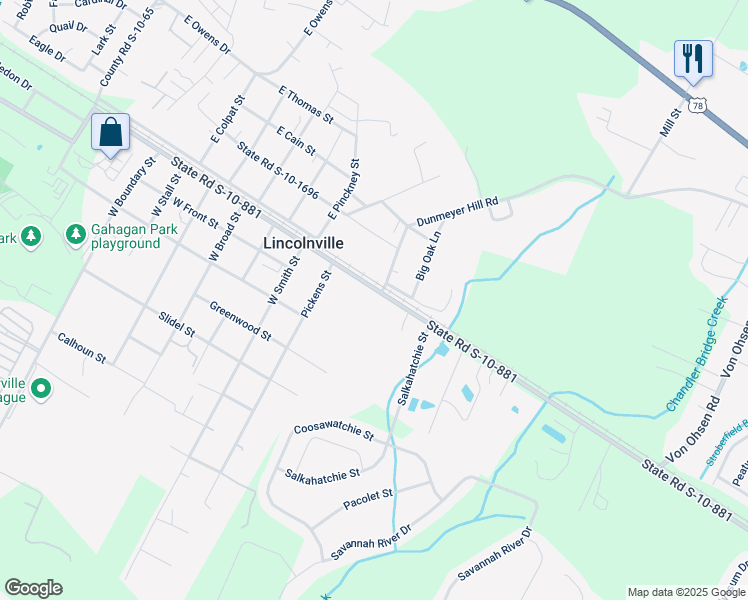 map of restaurants, bars, coffee shops, grocery stores, and more near 835 Lincolnville Road in Summerville