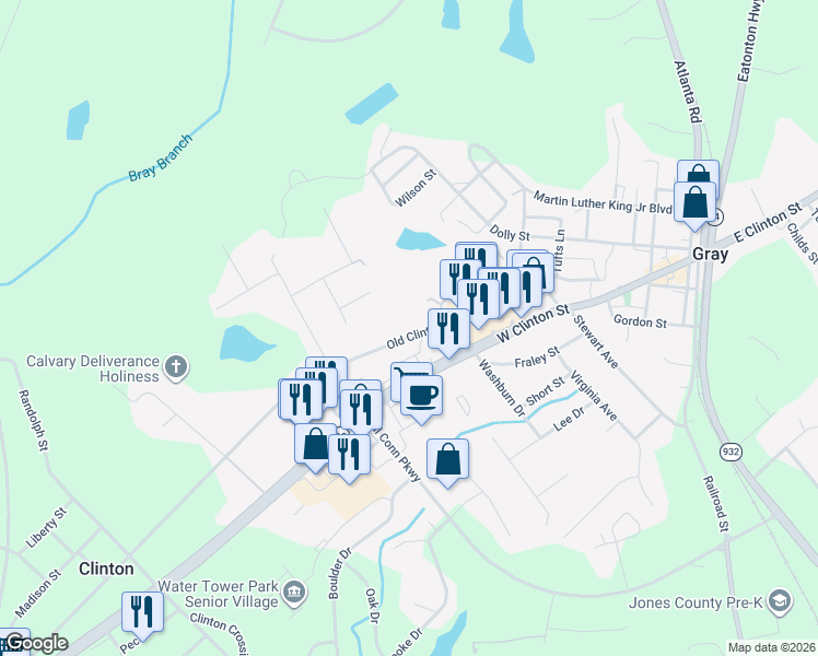 map of restaurants, bars, coffee shops, grocery stores, and more near 240 Old Clinton Road in Gray
