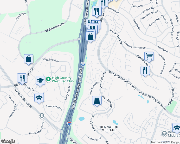 map of restaurants, bars, coffee shops, grocery stores, and more near 18644 Caminito Tomas in San Diego