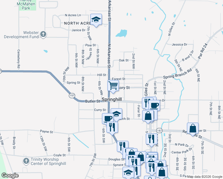 map of restaurants, bars, coffee shops, grocery stores, and more near 402 Hickory Street in Springhill