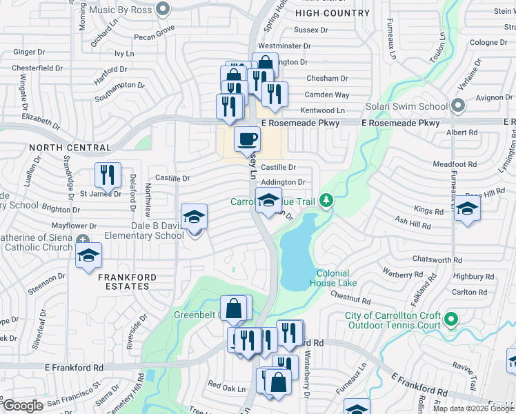 map of restaurants, bars, coffee shops, grocery stores, and more near 1902 Chamberlain Drive in Carrollton