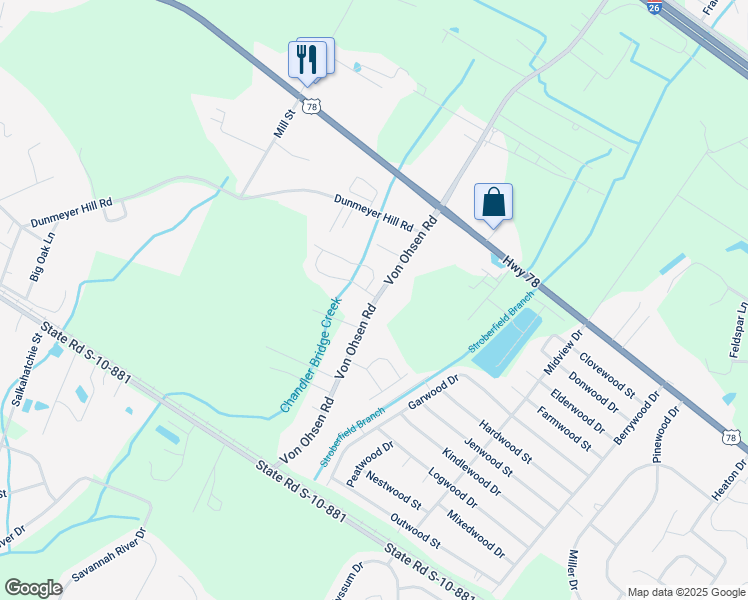 map of restaurants, bars, coffee shops, grocery stores, and more near 3273 Evergreen Oak Road in Summerville