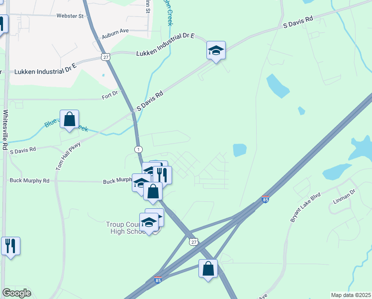 map of restaurants, bars, coffee shops, grocery stores, and more near 1705 Hamilton Road in LaGrange
