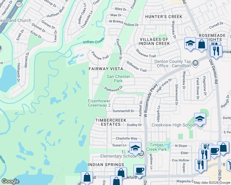 map of restaurants, bars, coffee shops, grocery stores, and more near 1477 Parkwood Drive in Carrollton