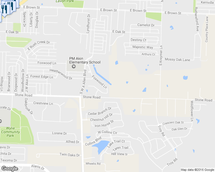 map of restaurants, bars, coffee shops, grocery stores, and more near 505 Foxwood Lane in Wylie