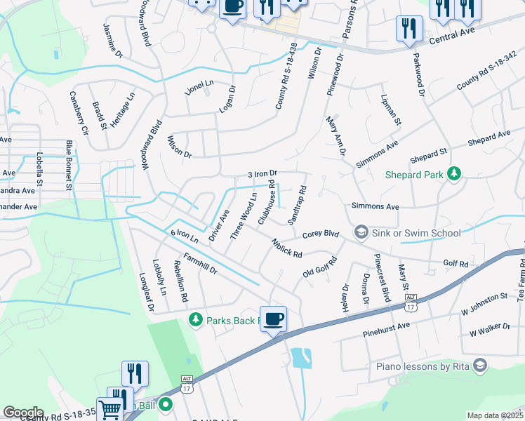 map of restaurants, bars, coffee shops, grocery stores, and more near 109 Clubhouse Road in Summerville