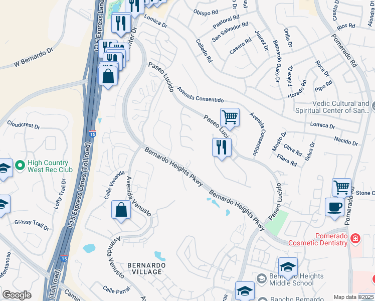 map of restaurants, bars, coffee shops, grocery stores, and more near 12134 Iron View Row in San Diego
