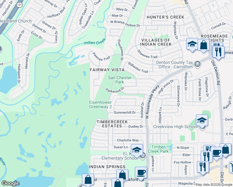 map of restaurants, bars, coffee shops, grocery stores, and more near 1477 Parkwood Drive in Carrollton
