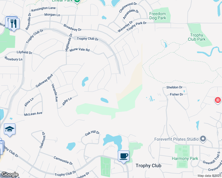 map of restaurants, bars, coffee shops, grocery stores, and more near 2821 Marrickville Drive in Trophy Club