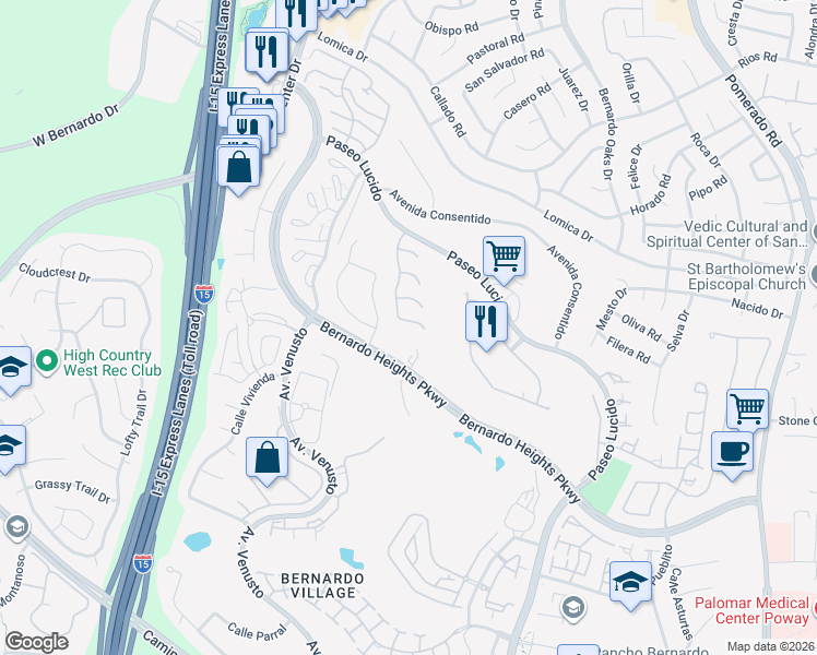 map of restaurants, bars, coffee shops, grocery stores, and more near 12141 Iron View Row in San Diego