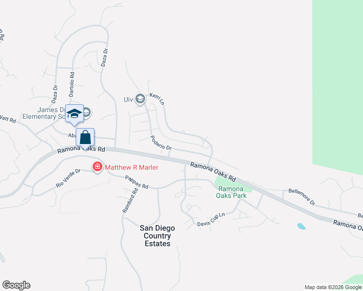 map of restaurants, bars, coffee shops, grocery stores, and more near 25305 Kerri Lane in Ramona