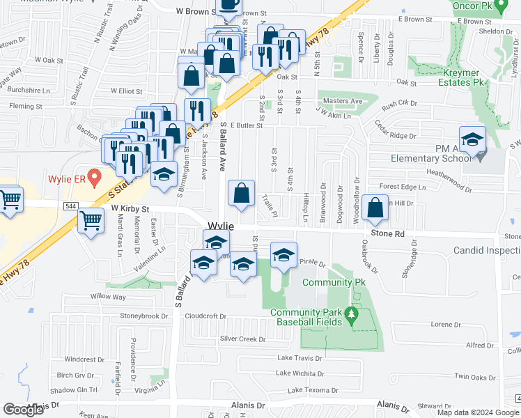 map of restaurants, bars, coffee shops, grocery stores, and more near 14 Trails Place in Wylie