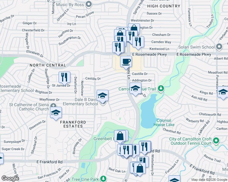 map of restaurants, bars, coffee shops, grocery stores, and more near 1821 Chamberlain Drive in Carrollton