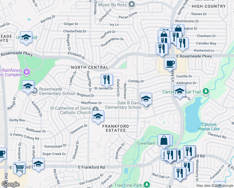 map of restaurants, bars, coffee shops, grocery stores, and more near 3232 Delaford Drive in Carrollton