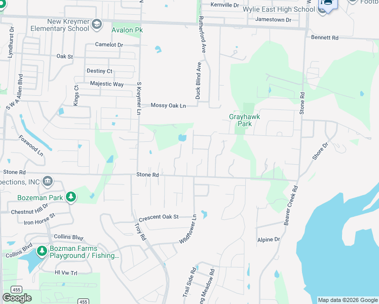 map of restaurants, bars, coffee shops, grocery stores, and more near 2155 East Stone Road in Wylie