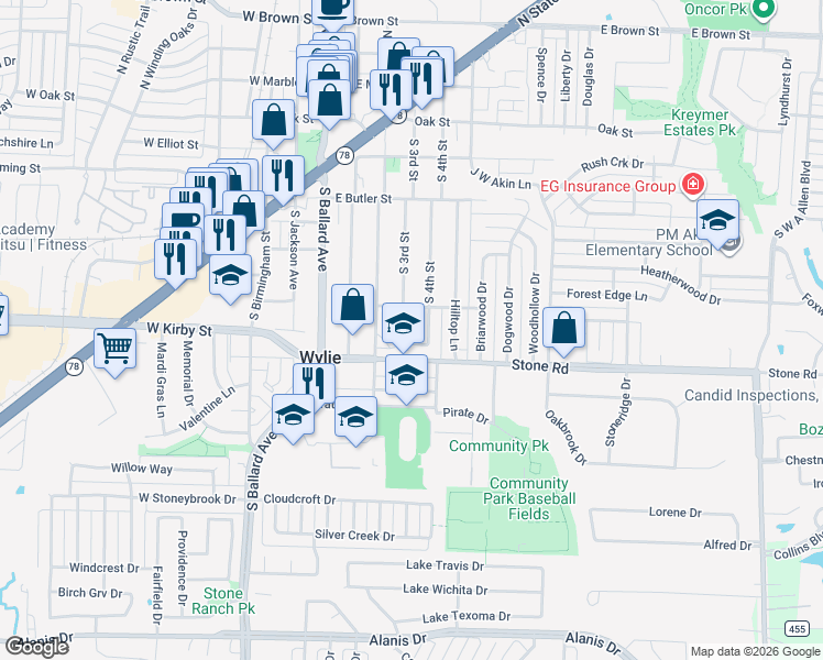 map of restaurants, bars, coffee shops, grocery stores, and more near 2 Trails Place in Wylie