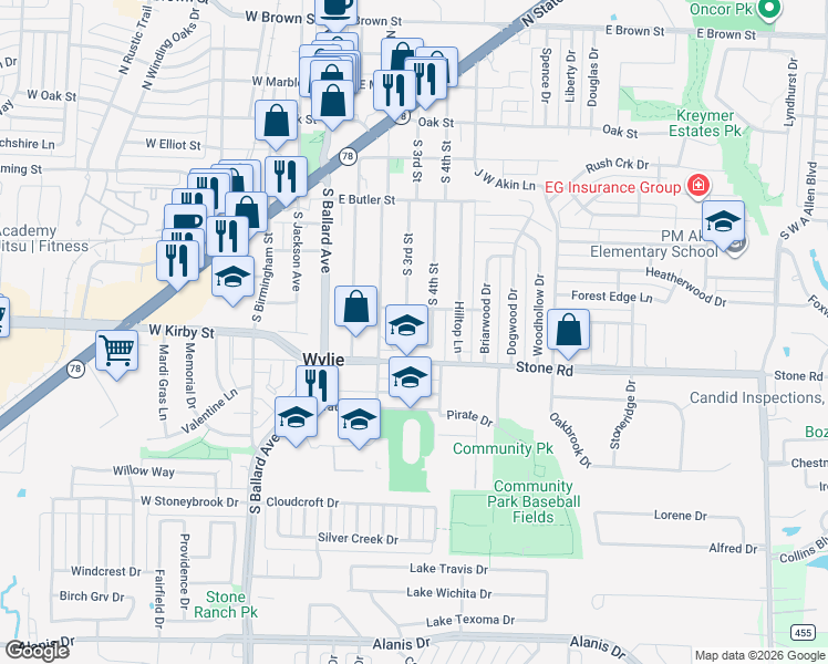 map of restaurants, bars, coffee shops, grocery stores, and more near 2 Trails Place in Wylie