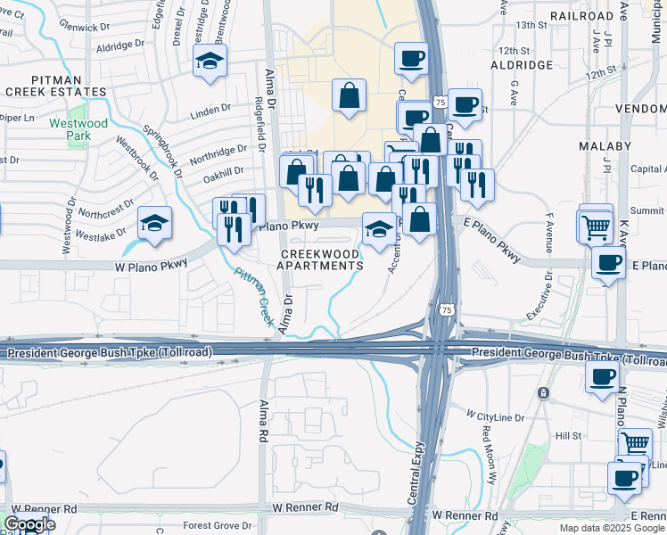 map of restaurants, bars, coffee shops, grocery stores, and more near 250 Dogwood Place in Plano