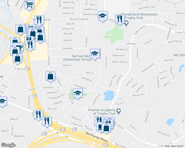 map of restaurants, bars, coffee shops, grocery stores, and more near 109 Park Lane in Roanoke