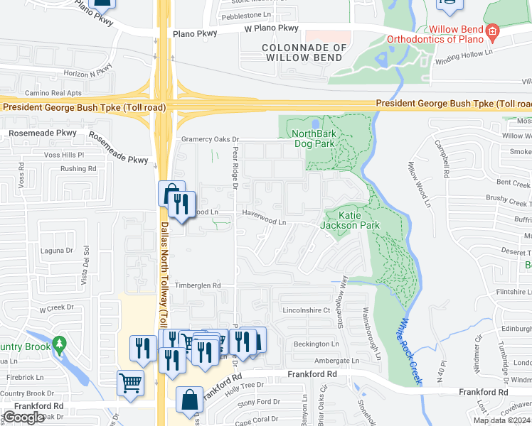 map of restaurants, bars, coffee shops, grocery stores, and more near 4845 Haverwood Lane in Dallas