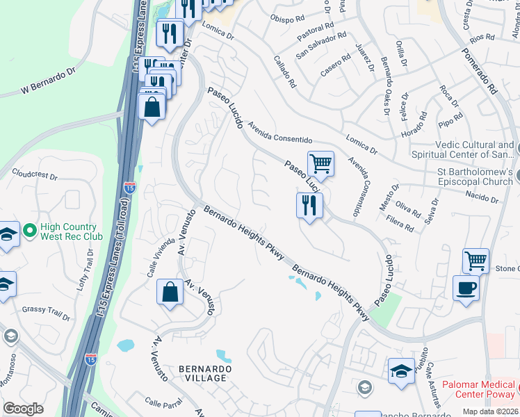 map of restaurants, bars, coffee shops, grocery stores, and more near 12141 Iron View Row in San Diego
