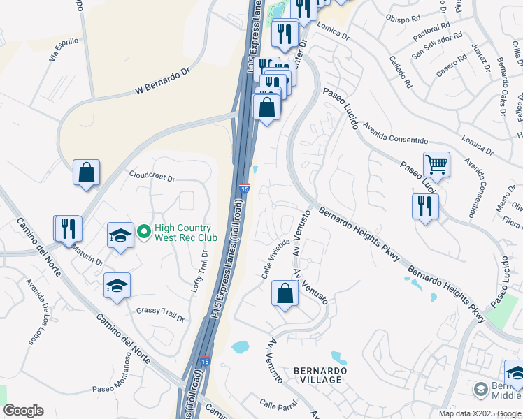 map of restaurants, bars, coffee shops, grocery stores, and more near 16096 Caminito Tomas in San Diego