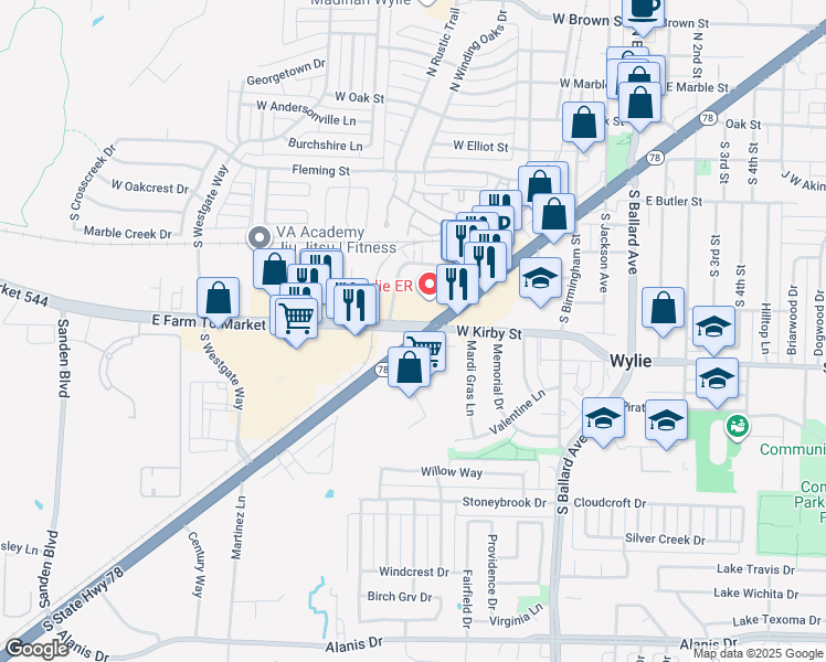 map of restaurants, bars, coffee shops, grocery stores, and more near 713 East Farm to Market Road 544 in Wylie
