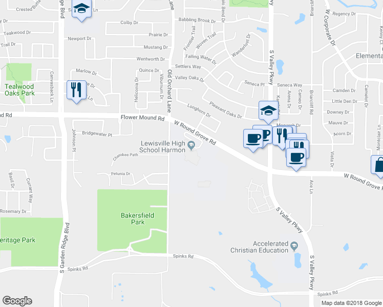 map of restaurants, bars, coffee shops, grocery stores, and more near 1250 West Round Grove Road in Lewisville