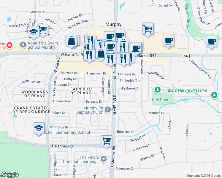 map of restaurants, bars, coffee shops, grocery stores, and more near 1032 Hyannis Street in Plano