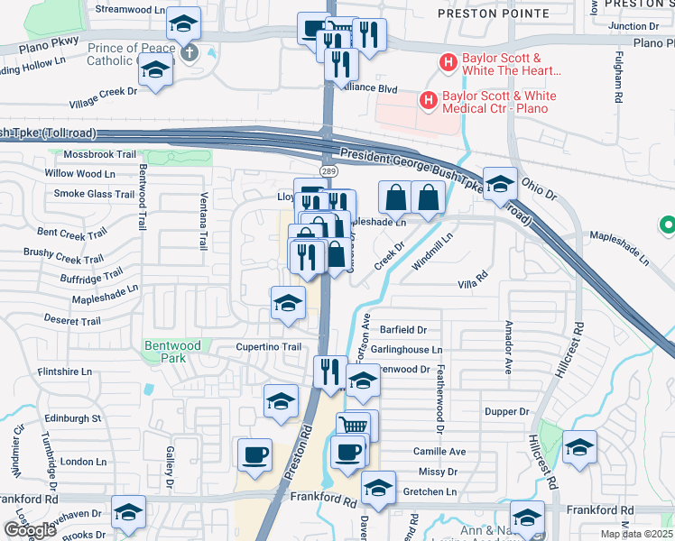map of restaurants, bars, coffee shops, grocery stores, and more near 19008 Preston Road in Dallas