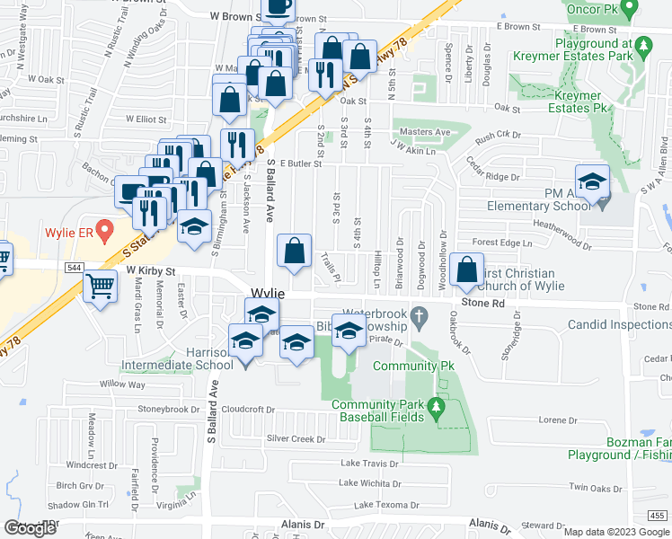 map of restaurants, bars, coffee shops, grocery stores, and more near 20 Trails Place in Wylie