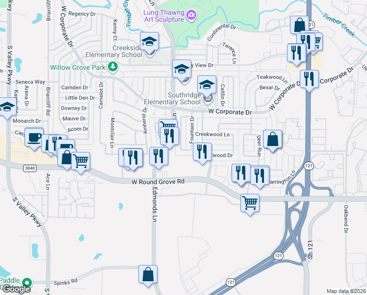 map of restaurants, bars, coffee shops, grocery stores, and more near 2144 Fountain Drive in Lewisville