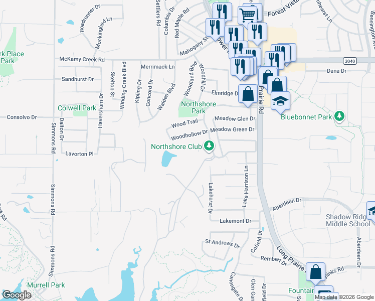 map of restaurants, bars, coffee shops, grocery stores, and more near 3121 Woodberry Drive in Flower Mound