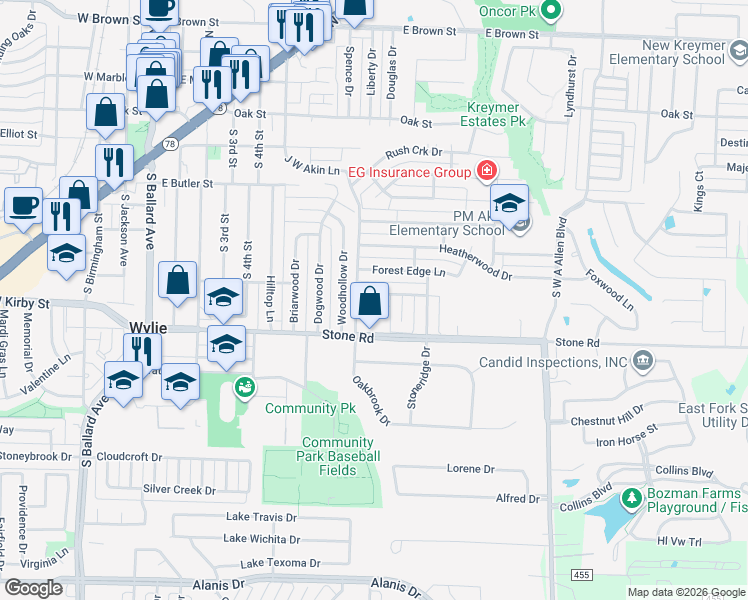 map of restaurants, bars, coffee shops, grocery stores, and more near 804 Autumn Hill Drive in Wylie