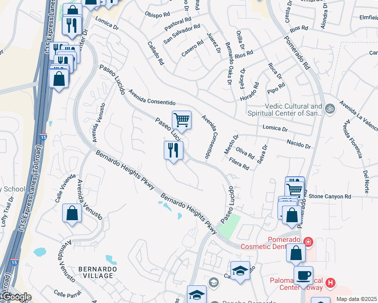map of restaurants, bars, coffee shops, grocery stores, and more near 12292 Paseo Lucido in San Diego